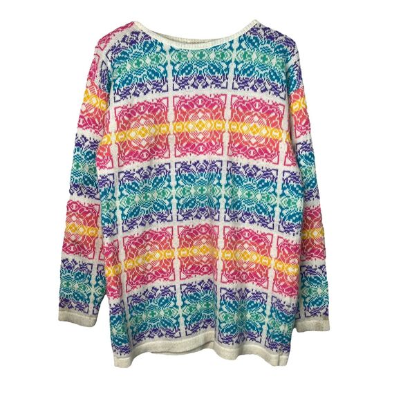 VTG 90s Intarsia Rainbow Striped Pullover Sweater Beldoch Popper M/L Med / Large - Picture 1 of 4